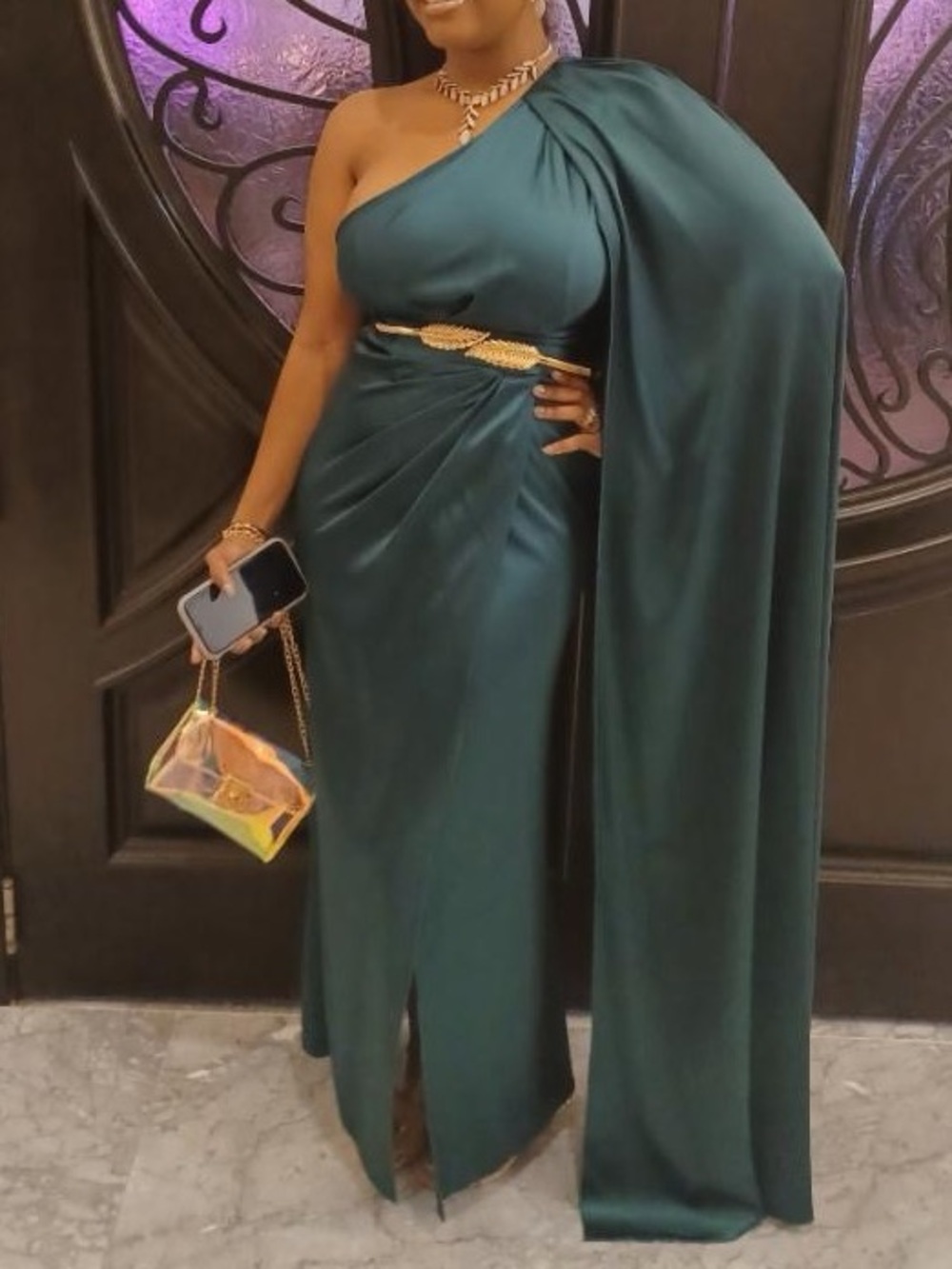 Emerald Green One-Shoulder Satin Dress